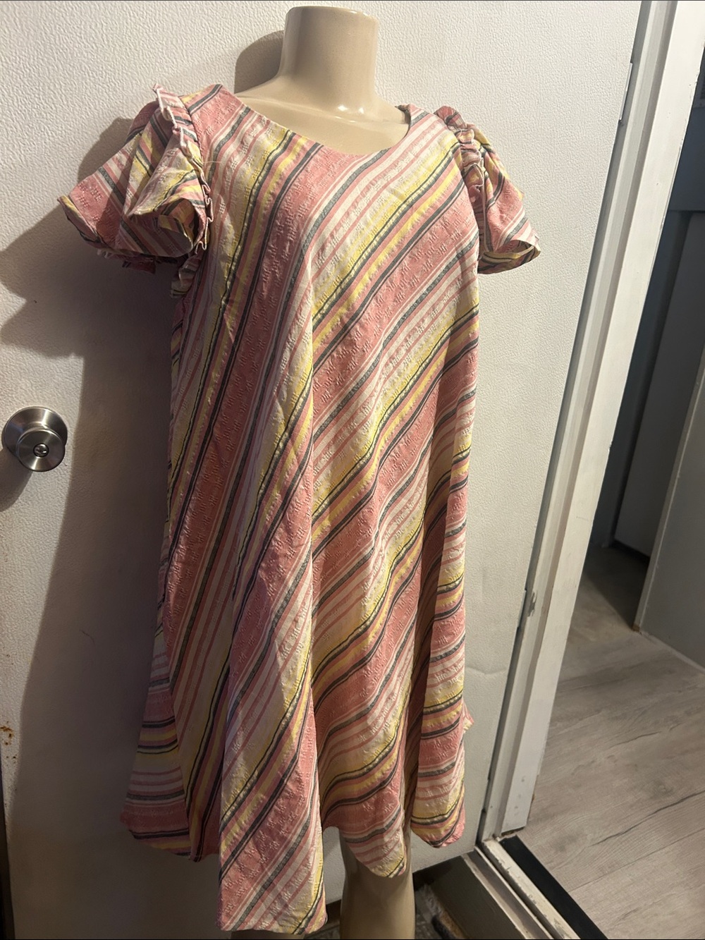 SHEIN Pink Striped Ruffle Sleeve Midi Dress
